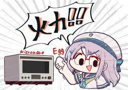 Rule 34 | 1girl, aka (akaino), aqua neckerchief, beret, blue sailor collar, catchphrase, commentary request, cropped torso, egg, emphasis lines, glasses, goddess of victory: nikke, grey hair, hair between eyes, hand up, hat, highres, holding, holding egg, long hair, looking at viewer, microwave, neckerchief, neon (nikke), open mouth, over-rim eyewear, sailor collar, sailor shirt, semi-rimless eyewear, shirt, short sleeves, simple background, smile, solo, speech bubble, translation request, triangle mouth, white background, white hat, white shirt