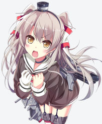 Rule 34 | &gt;:d, 10s, 1girl, :d, amatsukaze (kancolle), brown eyes, dress, garter straps, gloves, hirai yuzuki, kantai collection, long hair, looking at viewer, open mouth, personification, rensouhou-kun, sailor dress, school uniform, serafuku, short dress, silver hair, simple background, single glove, smile, striped clothes, striped thighhighs, thighhighs, twintails, two side up, v-shaped eyebrows, zettai ryouiki