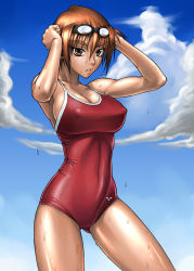 Rule 34 | 1girl, bang-you, breasts, brown eyes, brown hair, covered erect nipples, goggles, kashiwagi azusa, kizuato, large breasts, muscular, one-piece swimsuit, shiny skin, short hair, solo, standing, swimsuit, tan, wet