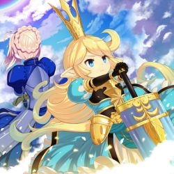Rule 34 | 10s, 2girls, armor, armored dress, artoria pendragon (fate), back-to-back, bad id, bad twitter id, blonde hair, blue eyes, braid, charlotta (granblue fantasy), crossover, crown, curly hair, fate/stay night, fate (series), gauntlets, granblue fantasy, hand on sword, harvin, harvin, long hair, multiple girls, o (rakkasei), petals, pointy ears, saber (fate), scenery, sky, sword, trait connection, weapon