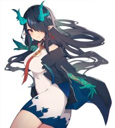 Rule 34 | 1girl, arknights, bare shoulders, black hair, black jacket, breasts, cleavage cutout, closed mouth, clothing cutout, colored skin, commentary, cowboy shot, dragon girl, dragon horns, dress, dusk (arknights), earrings, english commentary, green horns, green skin, hair over one eye, highres, horns, jacket, jewelry, large breasts, long hair, looking at viewer, looking back, necktie, one eye covered, open clothes, open jacket, pointy ears, red eyes, red necktie, seion, simple background, sleeveless, sleeveless dress, solo, tassel, tassel earrings, white background, white dress