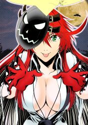 Rule 34 | 1girl, an&#039;no natsume, ankh necklace, bell-bottoms, belt, bodysuit, breasts, broken halo, cleavage, collarbone, spiked halo, front slit, gloves, green eyes, grey mask, guilty gear, guilty gear strive, halo, highres, jack-o&#039; valentine, large breasts, long hair, long sleeves, pants, pumpkin mask, red hair, solo, tongue, tongue out, too many, too many belts, white bodysuit