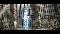 Rule 34 | 1girl, bad id, bad pixiv id, blue eyes, digital dissolve, dress, female focus, gate, green hair, gumi, letterboxed, nature, original, outdoors, overgrown, plant, seafh, short hair, solo, standing, vocaloid