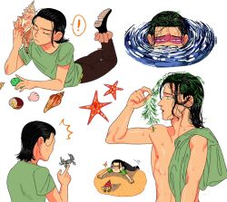 Rule 34 | !, 1boy, aged down, beach towel, black hair, closed eyes, closed mouth, crab, crocodile (one piece), green shirt, hair slicked back, holding, male focus, medium hair, mg cls, one piece, open mouth, partially submerged, sand, seashell, shell, shirt, short sleeves, simple background, starfish, topless male, towel, variations, wet, wet hair, yellow eyes