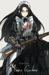 Rule 34 | 1girl, absurdres, apron, asterisk kome, black hair, bolt action, character name, commentary request, english text, gloves, grey background, gun, highres, horse, horseback riding, lee-enfield, long hair, maid, maid apron, maid headdress, marie gardner, medal, original, riding, rifle, sheath, sheathed, sword, weapon, white background