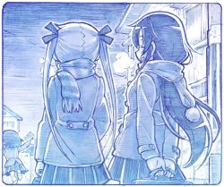 Rule 34 | 3girls, :d, arms behind back, blue theme, breath, coat, commentary request, closed eyes, facing away, from behind, goshiki agiri, kill me baby, long hair, long sleeves, monochrome, multiple girls, open mouth, oribe yasuna, outdoors, outstretched arms, pleated skirt, pom pom (clothes), running, sakino shingetsu, scarf, shoes, short hair, sideways mouth, skirt, smile, sonya (kill me baby), spread arms, standing, standing on one leg, twintails