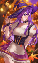Rule 34 | 1girl, alternate costume, arm behind back, autumn leaves, black choker, choker, collarbone, commentary request, dress, fingernails, fire emblem, fire emblem: three houses, fire emblem warriors: three hopes, frilled dress, frilled skirt, frills, hair over one eye, halloween, halloween costume, hat, highres, leaf, long hair, looking at viewer, nintendo, one eye covered, puffy short sleeves, puffy sleeves, pumpkin, purple eyes, purple hair, purple hat, purple skirt, shez (female) (fire emblem), shez (fire emblem), short sleeves, skirt, smile, solo, tree, wawatiku, white dress, witch hat