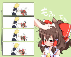 Rule 34 | 2girls, :&lt;, aged down, anger vein, angry, animal ears, bare shoulders, big hair, blonde hair, blush, bow, brown hair, cat ears, cat girl, cat tail, chibi, comic, detached sleeves, fang, female focus, frown, hair bow, hakurei reimu, hand on another&#039;s chin, happy, head pat, headpat, heart, highres, japanese clothes, kemonomimi mode, kirisame marisa, large bow, miko, multiple girls, no headwear, ponytail, red eyes, sequential, short hair, silent comic, slit pupils, stroking another&#039;s chin, tail, touhou, yasuda