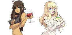 Rule 34 | 2girls, ahoge, alcohol, bare arms, bare shoulders, blonde hair, blue eyes, breasts, brown hair, cleavage, commentary, crepe, dark-skinned female, dark skin, dress, english commentary, fingernails, food, food between breasts, glass, hair between eyes, halterneck, highres, holding, holding food, large breasts, long sleeves, looking at viewer, multiple girls, nail polish, pocket waifu, revealing clothes, simple background, sleeves past wrists, sweater, sweater dress, upper body, vins-mousseux, white background, white nails, white sweater, wine
