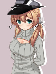 Rule 34 | 10s, 1girl, anchor hair ornament, aqua eyes, aria (okuda08808008), arms behind back, blonde hair, blush, breasts, casual, cleavage cutout, clothing cutout, flying sweatdrops, hair ornament, hat, kantai collection, large breasts, light smile, long sleeves, looking at viewer, low twintails, meme attire, open-chest sweater, peaked cap, prinz eugen (kancolle), purple background, ribbed sweater, simple background, solo, sweater, turtleneck, twintails, upper body