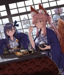 Rule 34 | 3girls, animal ear fluff, animal ears, benienma (fate), blue eyes, blue ribbon, blush, breasts, eating, fate/extra, fate/extra ccc, fate/grand order, fate (series), fox ears, fox girl, fox tail, fumato, hair between eyes, hair ribbon, highres, japanese clothes, kimono, large breasts, layered clothes, layered kimono, long hair, long sleeves, meltryllis (fate), multiple girls, pink hair, plate, purple hair, ribbon, sidelocks, sitting, sleeves past fingers, sleeves past wrists, small breasts, smile, tail, tamamo (fate), tamamo no mae (fate/extra), very long hair, yellow eyes