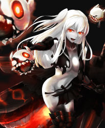 Rule 34 | 10s, 1girl, absurdres, abyssal ship, aircraft carrier princess, black background, black serafuku, black skirt, breasts, cleavage, collarbone, colored skin, cowboy shot, dress, fang, foreshortening, glowing, glowing eyes, highres, horns, kantai collection, kokuzou, leaning forward, legs together, long hair, looking at viewer, medium breasts, navel, no bra, one side up, open mouth, outstretched arm, pale skin, pleated skirt, red eyes, school uniform, serafuku, shirt, simple background, skirt, solo, standing, torn clothes, torn shirt, torn skirt, veins, white hair, white skin