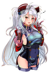 Rule 34 | 1girl, absurdres, azur lane, blush, breasts, cropped legs, cross, garter straps, gloves, grey hair, hair between eyes, headgear, heart, hey taisyou, highres, index finger raised, iron cross, large breasts, long hair, long sleeves, looking at viewer, mole, mole on breast, multicolored hair, orange eyes, pelvic curtain, prinz eugen (azur lane), red hair, sideboob, simple background, solo, streaked hair, thighhighs, two side up, very long hair, white background