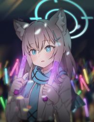 Rule 34 | 1girl, absurdres, animal ear fluff, animal ears, artist name, blue archive, blue necktie, blue scarf, blush, extra ears, glowstick, goyain, hair ornament, highres, long sleeves, mismatched pupils, necktie, open mouth, scarf, school uniform, shiroko (blue archive), shirt, short hair, solo, white shirt, x hair ornament