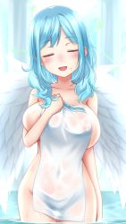 Rule 34 | 1girl, angel, angel wings, areola slip, blue hair, breasts, closed eyes, covering privates, goriate, highres, large breasts, medium hair, moira (nijisanji), mole, mole on breast, mole under mouth, naked towel, nijisanji, nude cover, open mouth, solo, towel, virtual youtuber, wading, wet, wings