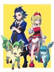 Rule 34 | 1boy, 1girl, adaman (pokemon), arm wrap, blonde hair, blue coat, blue eyes, blue hair, border, brown eyes, closed mouth, coat, collar, collarbone, commentary request, creatures (company), crossed arms, earrings, eyebrow cut, game freak, gen 4 pokemon, glaceon, hair between eyes, hairband, highres, irida (pokemon), jayj 824, jewelry, knees, leafeon, multicolored hair, nintendo, open clothes, open coat, pokemon, pokemon (creature), pokemon legends: arceus, ponytail, red footwear, red hairband, sash, shirt, shoes, short shorts, shorts, smile, standing, strapless, strapless shirt, waist cape, white border, white shorts, yellow background