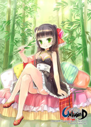 Rule 34 | 1girl, :q, bamboo, bamboo forest, black hair, breasts, cleavage, double bun, forest, green eyes, jin young-in, crossed legs, long hair, looking at viewer, nature, original, panties, pantyshot, sitting, smile, solo, tongue, tongue out, underwear, unleashed