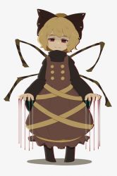 Rule 34 | 1girl, arthropod limbs, black bow, black footwear, black shirt, blonde hair, bow, brown dress, buttons, chibeany, closed mouth, commentary request, dress, extra legs, flat chest, full body, hair bow, hair bun, highres, kurodani yamame, long sleeves, looking at viewer, red eyes, ribbon, shirt, short hair, simple background, smile, solo, touhou, turtleneck, white background, yellow ribbon