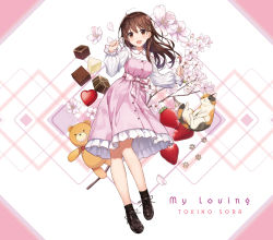 Rule 34 | 1girl, album cover, amagai tarou, ankimo (tokino sora), blush, brown eyes, brown footwear, brown hair, cat, character name, cherry blossoms, chocolate, cover, dress, flower, full body, hair flaps, hair ornament, hairclip, heart, highres, hololive, long hair, long sleeves, looking at viewer, official art, open mouth, petals, pink background, pink dress, shirt, shoes, smile, star (symbol), star hair ornament, stuffed animal, stuffed toy, teddy bear, tokino sora, virtual youtuber, water, white shirt