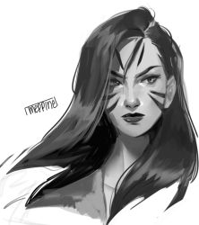 Rule 34 | 1girl, artist name, closed mouth, cropped shoulders, facial mark, grey background, greyscale, hailey (meppinee), kai&#039;sa, league of legends, long hair, monochrome, portrait, sideways glance, simple background, solo