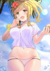 Rule 34 | 1girl, absurdres, bikini, blonde hair, breasts, fang, file112056, flower, food, green eyes, hair flower, hair ornament, highres, holding, ice cream, inuyama aoi, large breasts, layered bikini, navel, no pants, outdoors, palm tree, ponytail, scrunchie, shirt, skin fang, solo, sweat, swimsuit, t-shirt, thick eyebrows, tree, wrist scrunchie, yurucamp