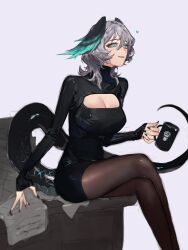 Rule 34 | 1girl, alternate costume, aqua eyes, aqua wings, arknights, black nails, black sweater, black tail, black wings, blurry, breasts, brown pantyhose, cleavage, cleavage cutout, clothing cutout, commentary, crossed legs, cup, double-parted bangs, drink, eyelashes, eyeliner, fangs, feet out of frame, fingernails, from side, grey background, grey hair, grin, hair between eyes, hand up, head wings, heart, high collar, highres, ho&#039;olheyak (arknights), holding, holding cup, holding drink, hotke, large breasts, lips, long bangs, long fingernails, long hair, long sleeves, long tail, looking at viewer, looking to the side, makeup, meme attire, messy hair, mug, multicolored wings, nail polish, open-chest sweater, pantyhose, paper, paper stack, parted lips, red eyeliner, ribbed sweater, shadow, shiny clothes, shiny legwear, simple background, sitting, sitting on table, sleeves past wrists, smile, snake tail, solo, sweater, table, tail, teeth, thighs, turtleneck, turtleneck sweater, two-tone wings, vertical-striped sweater, wings