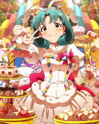 Rule 34 | 10s, 1girl, blush, brown eyes, candy, dress, earrings, food, green hair, idolmaster, idolmaster million live!, jewelry, looking at viewer, official art, puffy cheeks, short hair, signature, solo, tears, tiered tray, tokugawa matsuri, v