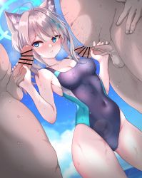 Rule 34 | 1girl, 2boys, absurdres, animal ear fluff, animal ears, bad id, bad pixiv id, bar censor, bare shoulders, blue archive, blue eyes, blue one-piece swimsuit, blush, breasts, censored, cleavage, clothed female nude male, competition swimsuit, covered navel, cowboy shot, cross hair ornament, daram (shappydude), day, double handjob, erection, exhibitionism, fat, fat man, fingernails, grey hair, group sex, hair ornament, halo, hand on own hip, handjob, hands up, head out of frame, hetero, highres, long fingernails, long hair, looking at viewer, medium breasts, medium hair, mismatched pupils, mmf threesome, multiple boys, narrow waist, nude, ocean, one-piece swimsuit, outdoors, parted lips, penis, public indecency, shiroko (blue archive), shiroko (swimsuit) (blue archive), skin tight, solo focus, swimsuit, symbol-shaped pupils, threesome, veins, veiny penis, wet, wet clothes, wet swimsuit