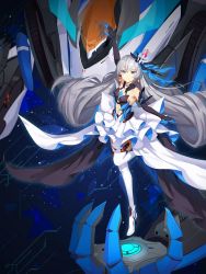 Rule 34 | 1girl, arm up, artist request, bare shoulders, black gloves, bronya zaychik, bronya zaychik (herrscher of reason), closed mouth, crown, dress, drill hair, earrings, elbow gloves, full body, gloves, grey eyes, grey hair, hair ornament, highres, honkai (series), honkai impact 3rd, jewelry, long hair, looking at viewer, navel, project bunny, sleeveless, sleeveless dress, solo, thighhighs, twin drills, white dress, white thighhighs