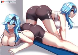 Rule 34 | 1girl, all fours, ass, bare shoulders, blue hair, blush, breasts, cameltoe, cleavage, eula (genshin impact), genshin impact, hairband, hanging breasts, large breasts, long hair, luex, multiple views, open mouth, purple eyes, shiny clothes, shiny skin, short shorts, shorts, sideboob, sports bra, top-down bottom-up