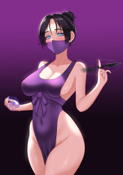 Rule 34 | 1girl, absurdres, animification, apex legends, apron, black hair, blue eyes, blush, breasts, cleavage, commentary, commission, covered mouth, electricity, english commentary, hair behind ear, hair bun, head tilt, highres, iceringer, kunai, large breasts, mask, mouth mask, naked apron, open hand, parted bangs, purple apron, purple background, sideboob, single hair bun, solo, twirling weapon, weapon, hope&#039;s dusk (apex legends), wraith (apex legends)