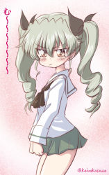 Rule 34 | 10s, 1girl, anchovy (girls und panzer), black neckerchief, black ribbon, blouse, closed mouth, commentary request, cowboy shot, drill hair, from side, frown, girls und panzer, green hair, green skirt, hair ribbon, long hair, long sleeves, looking at viewer, miniskirt, nakasawa kei, neckerchief, ooarai school uniform, pink background, pleated skirt, pout, red eyes, ribbon, school uniform, serafuku, shirt, skirt, skirt hold, solo, standing, twin drills, twintails, twitter username, v-shaped eyebrows, white shirt