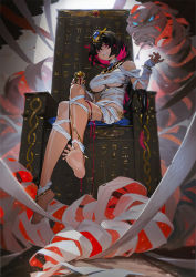 Rule 34 | 1girl, alcohol, bandages, barefoot, barrel, belt, black hair, blush, breasts, cup, dark-skinned female, dark skin, egyptian clothes, feet, fenebeth (illusion connect), grin, han-0v0, illusion connect, looking at viewer, monster, multicolored hair, mummy costume, pink hair, sitting, smile, solo, throne, toes, two-tone hair, underboob, wine