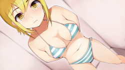 Rule 34 | 1girl, absurdres, arms behind back, bad id, bad pixiv id, bikini, blonde hair, blush, breasts, closed mouth, dutch angle, fitting room, highres, indoors, jangif, looking at viewer, medium breasts, navel, original, short hair, side-tie bikini bottom, smile, solo, standing, striped bikini, striped clothes, swimsuit, vacation (turning gear), wavy mouth, yellow eyes