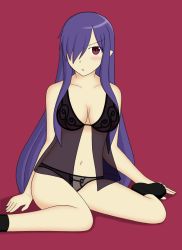 Rule 34 | 1girl, babydoll, bare shoulders, blue hair, blush, breasts, cleavage, fatima, hair over one eye, highres, long hair, looking at viewer, luminous arc, luminous arc 2, midriff, navel, panties, pink background, pointy ears, red background, red eyes, sitting, socks, solo, underwear, very long hair, wariza