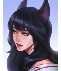 Rule 34 | 1girl, ahri (league of legends), animal ears, artist name, black hair, blue background, clairemwc, closed mouth, facial mark, fox ears, gradient background, league of legends, long hair, looking at viewer, portrait, red lips, smile, solo, whisker markings, yellow eyes