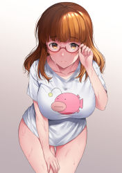 Rule 34 | 1girl, adjusting eyewear, ameno shigure, anglerfish, bad id, bad pixiv id, blunt bangs, bottomless, breasts, breasts squeezed together, closed mouth, cowboy shot, curvy, eyebrows, fish, girls und panzer, glasses, gluteal fold, gradient background, hand on own thigh, large breasts, leaning forward, light smile, long hair, looking at viewer, naked shirt, narrow waist, orange eyes, orange hair, red-framed eyewear, semi-rimless eyewear, shirt, short sleeves, solo, t-shirt, takebe saori, thighs, wet, white shirt, wide hips
