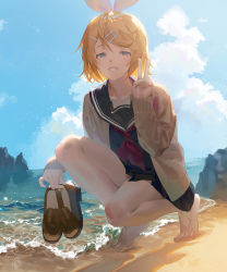 Rule 34 | 1girl, bare legs, barefoot, beach, black skirt, blonde hair, blouse, blue eyes, blue sailor collar, blue shirt, brown cardigan, brown footwear, brown hair, cardigan, cloud, day, fajyobore, full body, grin, hand up, highres, holding, holding shoes, kagamine rin, loafers, long sleeves, looking at viewer, neckerchief, ocean, pleated skirt, red neckerchief, sailor collar, school uniform, serafuku, shirt, shoes, unworn shoes, short hair, skirt, sky, smile, solo, squatting, v, vocaloid