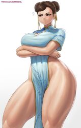 Rule 34 | 1girl, blush, breasts, capcom, chun-li, crossed arms, hair bun, highres, large breasts, long hair, muscular, muscular female, muscular legs, short sleeves, street fighter, street fighter 6, superbusty, thick thighs, thighs