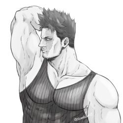 Rule 34 | 1boy, armpits, bara, beard, boku no hero academia, endeavor (boku no hero academia), facial hair, greyscale, large pectorals, male focus, mature male, monochrome, muscular, muscular male, official alternate costume, pectoral cleavage, pectorals, scar, scar on face, shiroshiro69, short hair, sideburns, solo, spiked hair, stomach, stubble, tank top