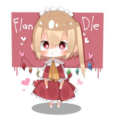 Rule 34 | 1girl, apron, blonde hair, character name, chibi, crystal, crystal wings, english text, engrish text, flandre scarlet, frills, full body, heart, heart-shaped pupils, maid, maid apron, medium hair, nacht musik, ranguage, red eyes, side ponytail, simple background, symbol-shaped pupils, touhou