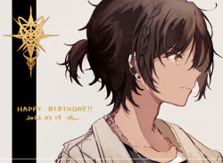 arknights black_shirt braid brown_eyes brown_hair brown_jacket closed_mouth collarbone dated ear_piercing earrings figmnts grey_background happy_birthday jacket jewelry looking_away open_clothes open_jacket piercing ponytail profile shirt stud_earrings thorns_(arknights) upper_body