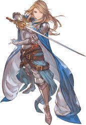 Rule 34 | 1girl, armor, armored boots, belt, boots, breastplate, brown hair, cape, closed mouth, earrings, full body, gauntlets, granblue fantasy, granblue fantasy versus, highres, holding, holding sword, holding weapon, jewelry, katalina (granblue fantasy), lips, long hair, minaba hideo, official art, one eye closed, pauldrons, ribbon, sheath, shoulder armor, simple background, smile, solo, standing, sword, weapon, white background