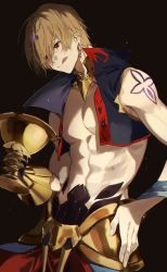 Rule 34 | 1boy, :q, arabian clothes, arm tattoo, black background, blonde hair, bsq, cup, earrings, fate (series), gilgamesh, gilgamesh (caster) (fate), gilgamesh (fate), hair between eyes, hand on own hip, highres, holding, holding cup, holy grail (fate), jewelry, licking lips, light particles, looking at object, male focus, red eyes, short hair, solo, tattoo, tongue, tongue out, upper body