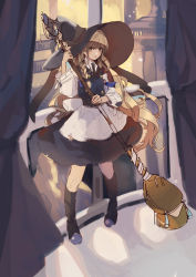 Rule 34 | 1girl, absurdres, apron, architecture, black footwear, black hat, black necktie, black skirt, black vest, blonde hair, blouse, blush, boots, braid, broom, buttons, closed mouth, collared shirt, commentary, expressionless, full body, hat, highres, holding, holding broom, kirisame marisa, large hat, long hair, long sleeves, necktie, railing, shi chimi, shirt, single braid, skirt, skirt set, solo, standing, touhou, very long hair, vest, waist apron, wavy hair, white apron, white shirt, witch hat, yellow eyes