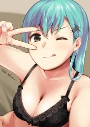 Rule 34 | 10s, 1girl, :q, alternate costume, aqua hair, bare arms, bare shoulders, black bra, bottomless, bra, breasts, brown eyes, cleavage, eyebrows, hair ornament, hairclip, kantai collection, large breasts, long hair, looking at viewer, one eye closed, reaching, reaching towards viewer, selfie, shiden (sashimi no wife), solo, suzuya (kancolle), tongue, tongue out, twitter username, underwear, v, v over eye