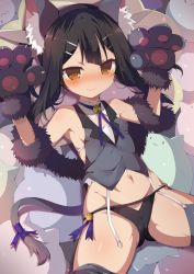 Rule 34 | 1girl, absurdres, animal ears, animal hands, bell, black hair, black panties, blush, breasts, brown eyes, closed mouth, dangeroes beast (miyu), fake animal ears, fate/kaleid liner prisma illya, fate (series), garter straps, gloves, gluteal fold, grey thighhighs, hair ornament, hairband, hairclip, highres, jingle bell, looking at viewer, lying, midriff, miyu edelfelt, navel, on back, panties, paw gloves, small breasts, smile, solo, spread legs, thighhighs, tomo (ryo i so ), twintails, underwear