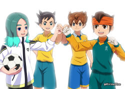 4boys aqua_hair aqua_shorts ball black_hair blue_eyes blue_shorts brown_hair endou_mamoru fist_bump gloves goalkeeper green_hair green_shorts headband highres holding holding_ball inamori_asuto inazuma_eleven inazuma_eleven_(series) inazuma_eleven_ares_no_tenbin inazuma_eleven_go inazuma_eleven_victory_road jacket kirinemoe male_focus matsukaze_tenma multicolored_hair multiple_boys open_mouth orange_headband raimon raimon_soccer_uniform sasanami_unmei shirt shorts simple_background soccer_ball soccer_uniform sportswear track_jacket two-tone_hair upper_body white_background white_gloves white_jacket yellow_shirt