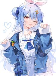 Rule 34 | 1girl, belt, blue coat, blue hair, blue necktie, blue ribbon, blush, bow, carrot, carrot hair ornament, choker, coat, collarbone, collared shirt, dot nose, double bun, earrings, food-themed hair ornament, fur-trimmed coat, fur-trimmed sleeves, fur trim, hair between eyes, hair bow, hair bun, hair ornament, hair ribbon, heart, highres, hololive, jewelry, long hair, long sleeves, looking at viewer, necktie, one eye closed, open clothes, open coat, orange eyes, orqz, puffy sleeves, rabbit, rabbit girl, ribbon, sailor collar, shirt, short eyebrows, short necktie, sidelocks, simple background, sleeves past wrists, solo, thick eyebrows, tongue, tongue out, upper body, usada pekora, usada pekora (casual), very long hair, virtual youtuber, white background, white belt, white choker, white shirt