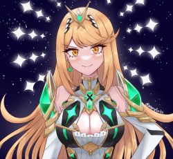 Rule 34 | 1girl, angryforks, armor, artist name, bare shoulders, blonde hair, breasts, cleavage, closed mouth, dress, earrings, elbow gloves, gloves, highres, jewelry, long hair, looking at viewer, mythra (xenoblade), pauldrons, shoulder armor, smirk, solo, tiara, upper body, white dress, white gloves, xenoblade chronicles (series), xenoblade chronicles 2, yellow eyes
